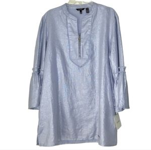 Ellen Tracy Tunic Top Size M Blue Metallic Linen Blend Bell Sleeve High Neck NWT
